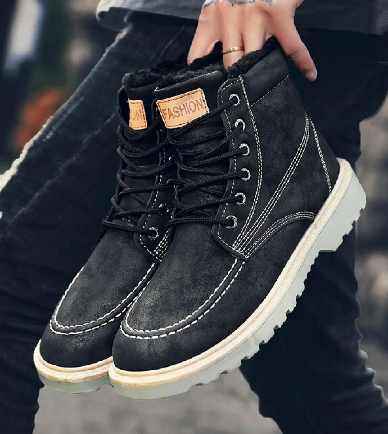 Autunno Inverno Confortevole Durevole Moda Spessa Peluche Scarpe da lavoro con lacci Stivali casual in pelle PU da uomo Caldo co