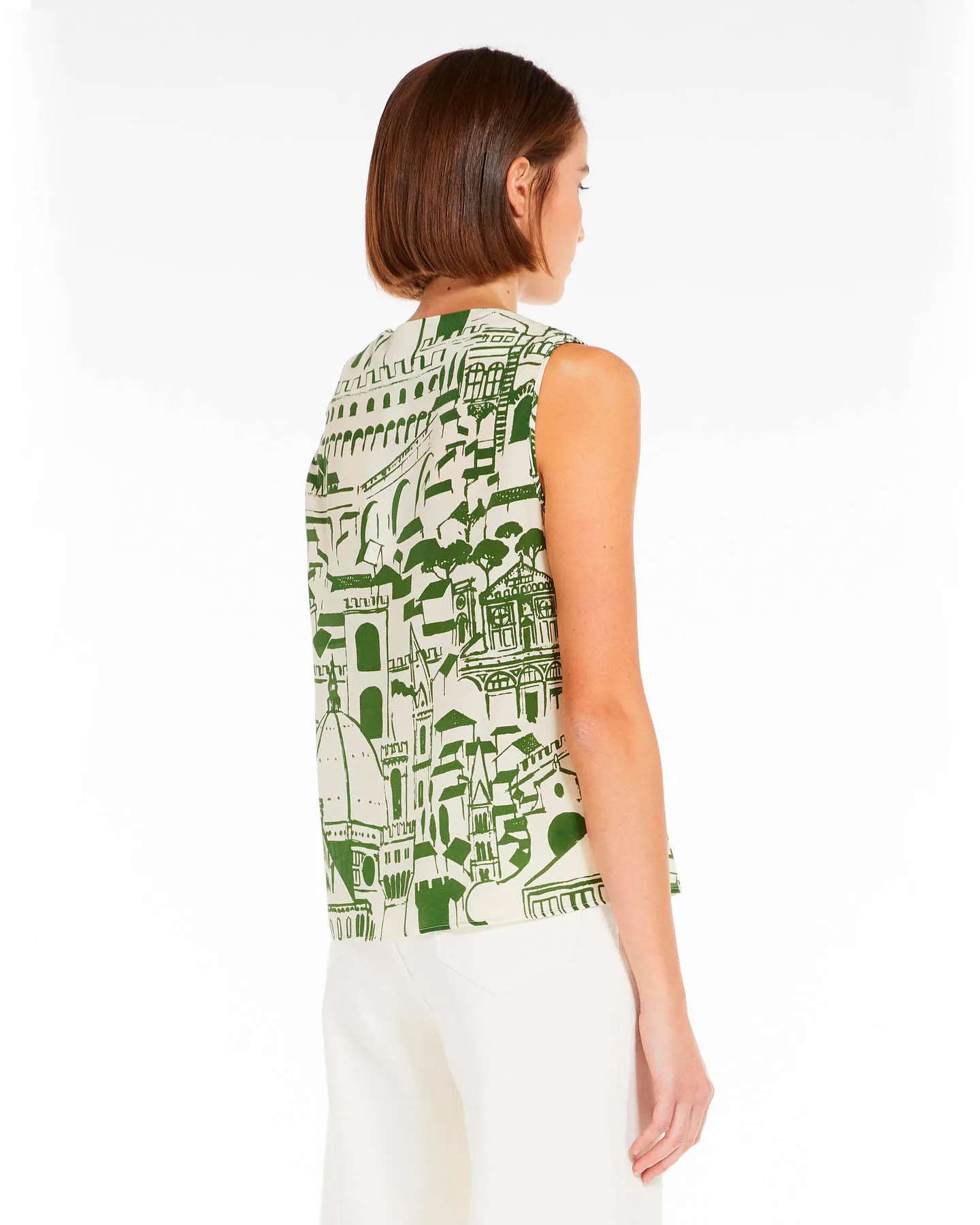 Blusa avorio in raso di seta senza maniche con motivo verde monumenti città d'arte italiane