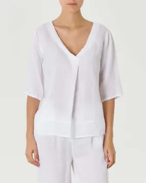 Blusa bianca in lino con maniche al gomito e scollo a V