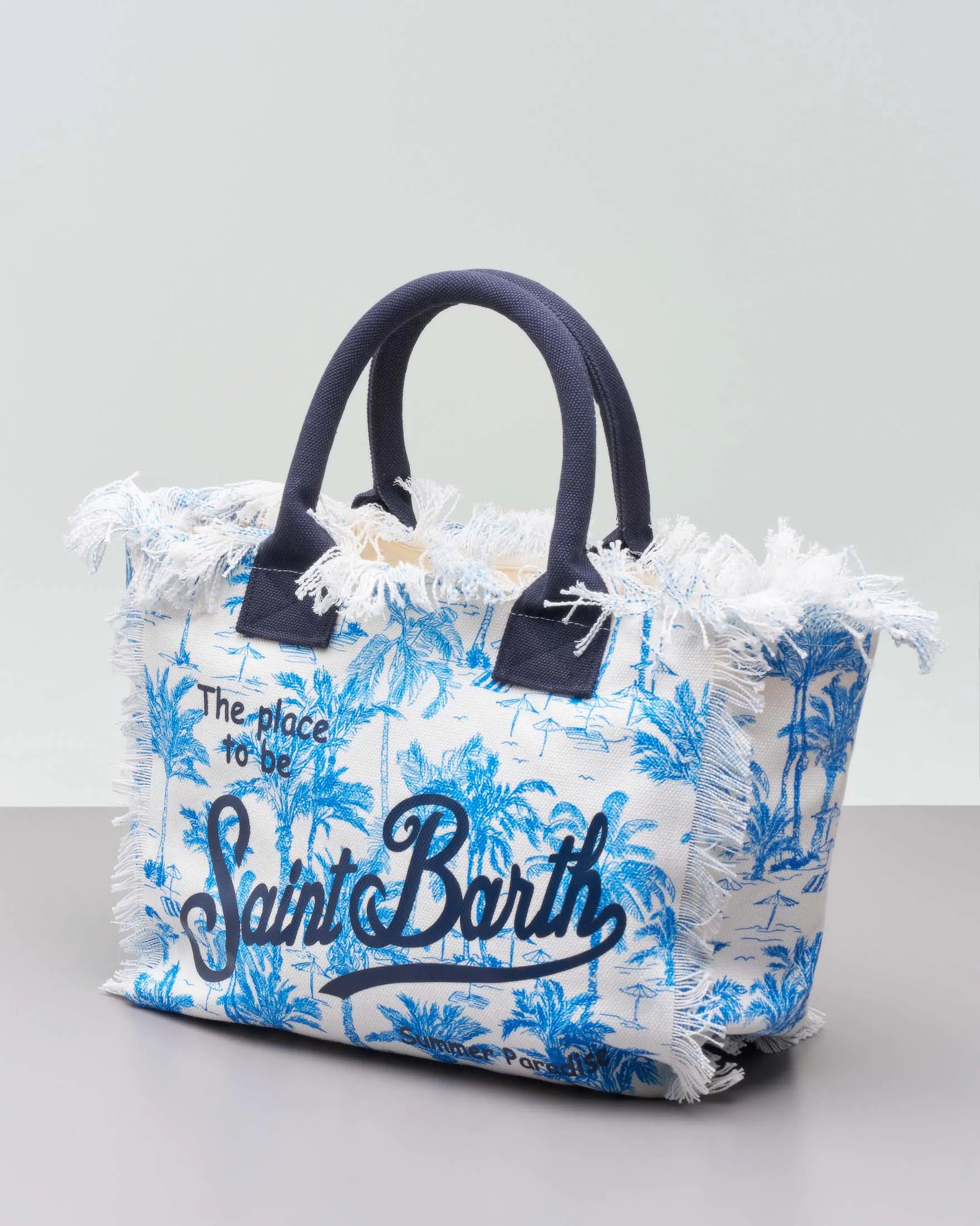 Borsa in canvas di cotone bianca a fantasia Saint beanch blu con scritta logo e manici blu
