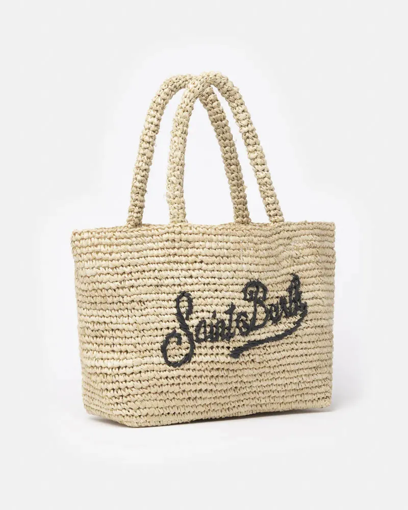 Borsa media in raffia color naturale con scritta logo ricamata e pochette interna in cotone