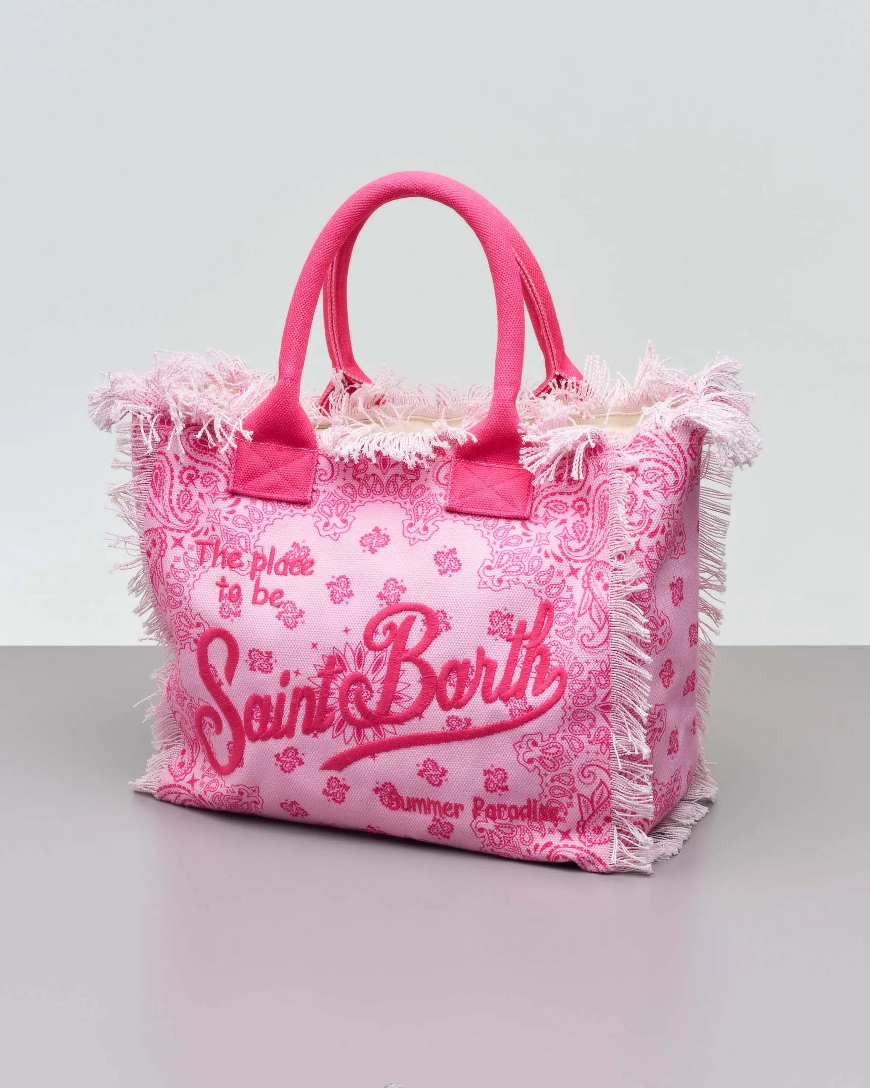 Borsa rosa in canvas di cotone a fantasia bandana con manici e scritta logo fucsia ricamata