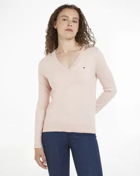 Maglia rosa chiaro in misto cotone organico con scollo a V